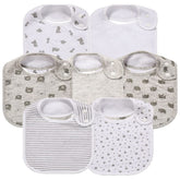 Gelisite 7-pack baby bibs flatlay highlighting colorful patterns and absorbency.