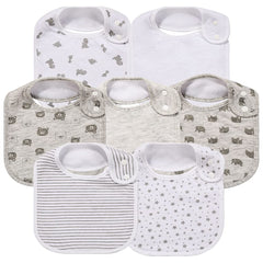Gelisite 7-pack baby bibs flatlay highlighting colorful patterns and absorbency.