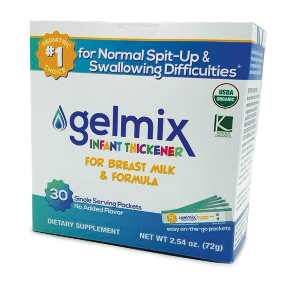Gelmix infant thickener box with 30 sticks promotes easy, mess-free bottle prep.
