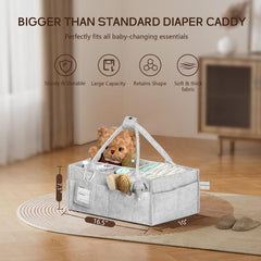 GEMII eight-compartment diaper caddy keeps diapers, wipes, and creams organized.