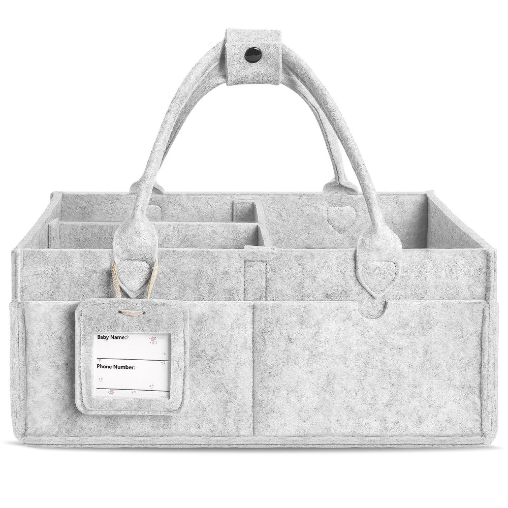 GEMII diaper caddy gray open with multiple compartments for quick diaper changes.