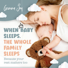 Gemma Joy baby sleep soother brown bear in crib highlights six calming melodies for easier settling