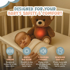 Gemma Joy baby sleep soother brown bear glow demonstrates soft night light for calmer nursery evenings