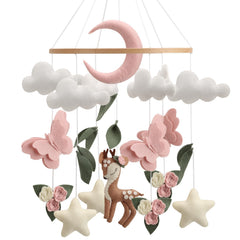 Generic Deer Baby Mobile with butterflies, soothing visual focus for curious newborns.
