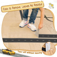 Generic residue-free road tape on the floor forms durable kid-friendly race tracks.