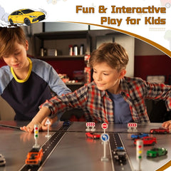 Generic residue-free road tape playroom setup creates instant racing lanes for imaginative play.