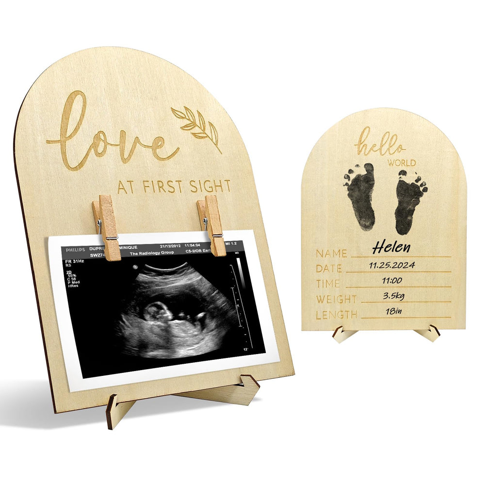 Generic Wooden Ultrasound Frame with double-sided design for pregnancy announcements and memories.