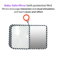 Genius Baby Toys baby-safe mirror inside supports visual focus and curiosity.