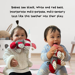 Genius Baby Toys teething caterpillar rattle and squeak for playful sounds.