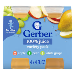 Gerber Juice Fruit pear juice bottle closeup highlighting orchard-picked pears.