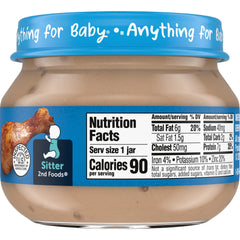 Gerber Mealtime chicken and gravy jar close-up reveals puree texture and wholesome ingredients.