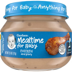 Gerber Mealtime Chicken & Gravy jar side pour demonstrates smooth texture for spoon feeding.