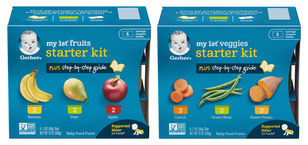 Gerber starter kit tubs closeup—smooth purees for first tastes.