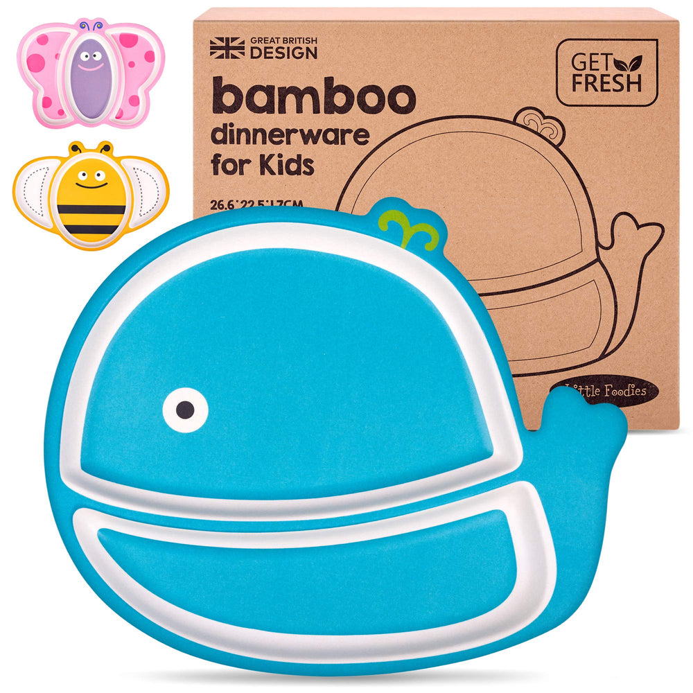 GET FRESH whale divided plate shows two compartments for easy self feeding.