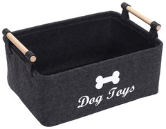 Geyecete dog toys storage bin with wood handle close-up showing sturdy transport option
