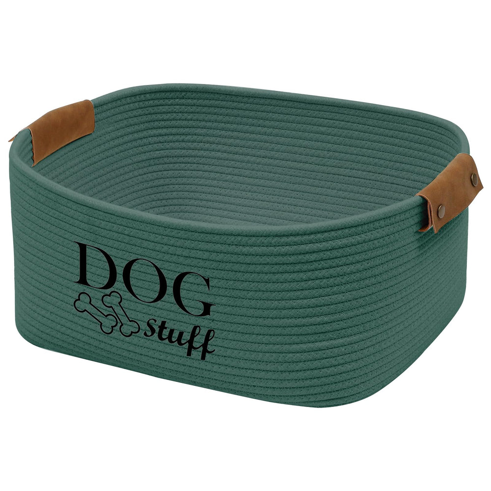 Geyecete square dog toy basket green front view for tidy toy storage.
