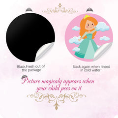 Geyee potty stickers applied to toilet demonstrating color-change reveal during potty use.
