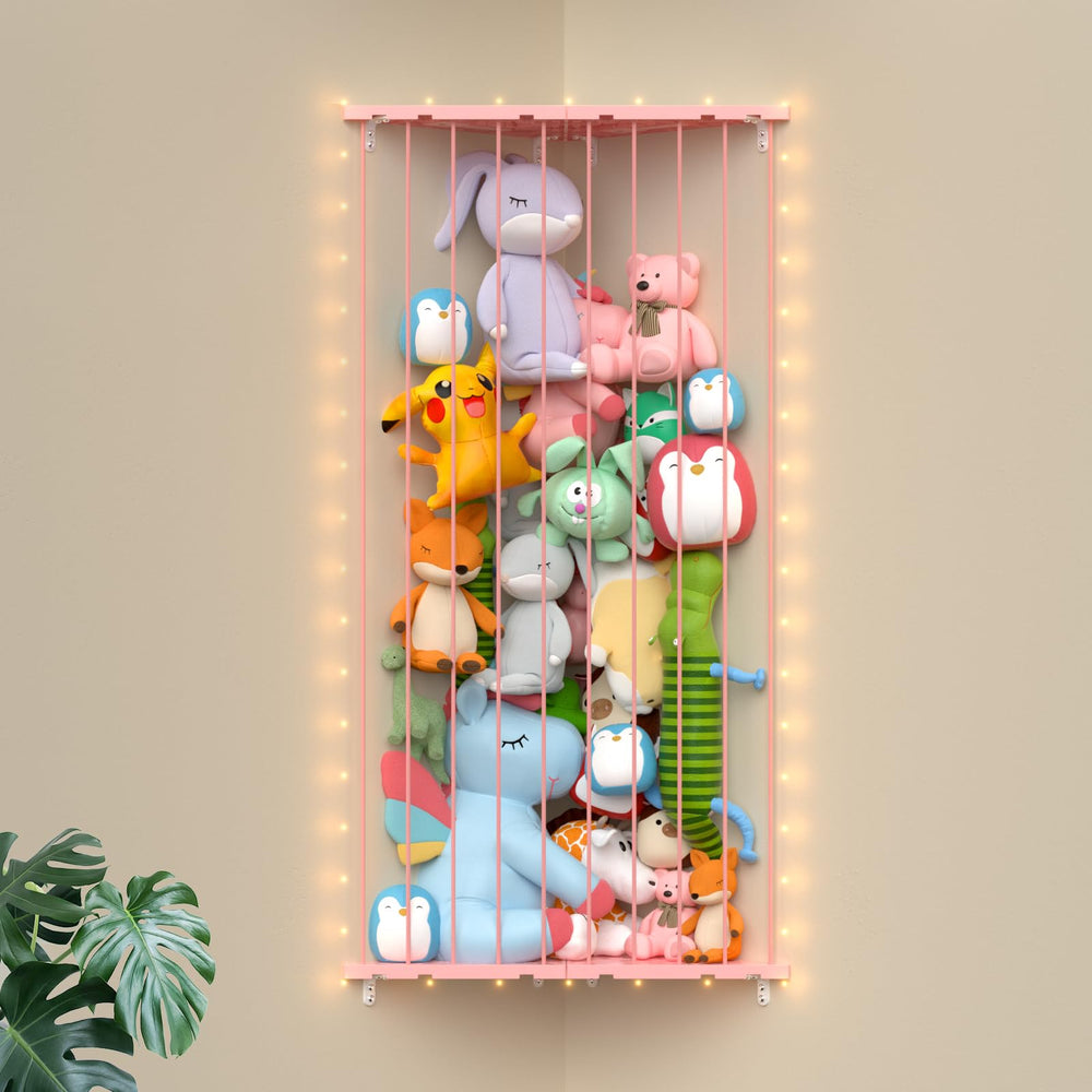 GGUO corner stuffed animal storage net on wall with LED lights for cozy display