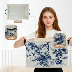 Ghoaoivo chinoiserie blue floral storage bin on a shelf for tidy bedroom storage.