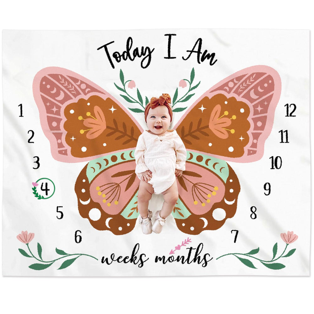 Gicoherero boho butterfly milestone blanket in soft fleece for newborn photos.