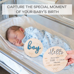 Giftacity Hello World birth sign in premium wood for newborn announcements.