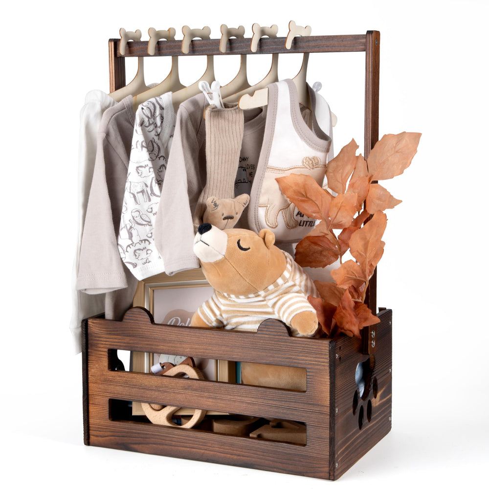 GiftAmaz brown wooden baby shower crate closeup showing premium craftsmanship and timeless style