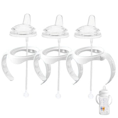 Giftophilia sippy cup conversion kit attaches to Dr Brown wide-mouth bottles for a smooth transition.