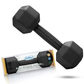 Giftty baby-dumbbell-teether with black-handle promotes safe chewing and grasp development.