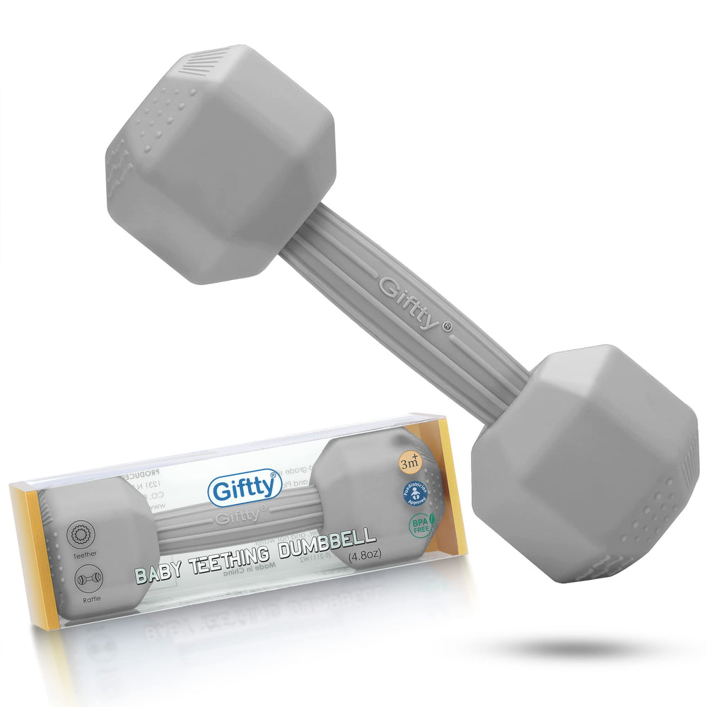 Giftty baby dumbbell toy gray front view shows soft silicone teether for soothing gums.