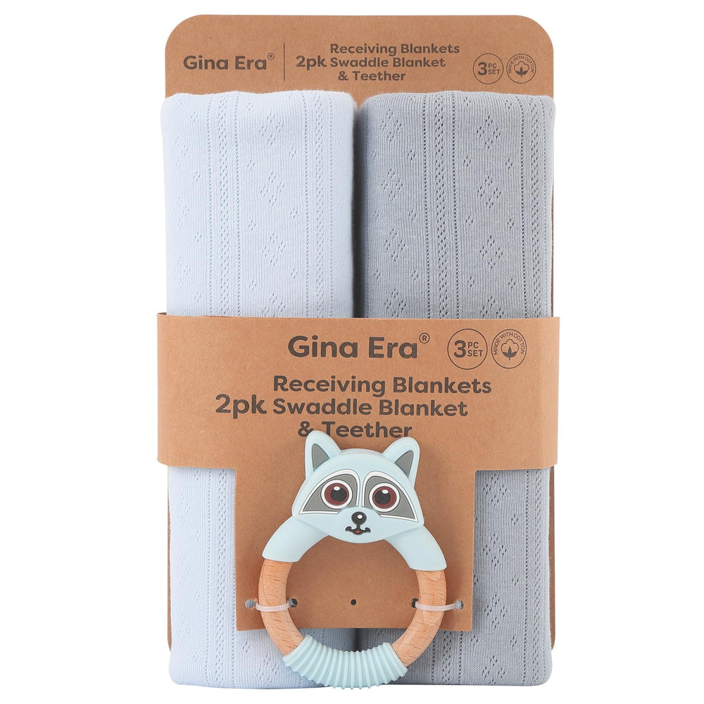 Gina Era knit baby receiving blanket blue pack front shows soft cotton texture for gentle newborn comfort.