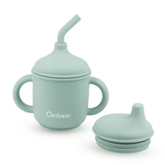 Ginbear baby cup front view with dual lids for two training methods, mess-free transitions