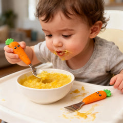 Ginbear fork soft-head demonstrates safe piercing of soft foods.