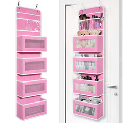 Giraffe Creation over-door organizer pink pockets for nursery storage.