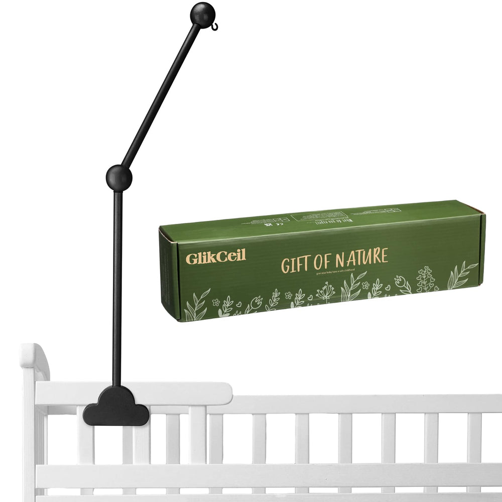 GlikCeil wooden crib mobile arm with cloud design mounted on a crib for visual stimulation