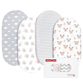 Gllquen Baby bassinet sheets four-pack laid flat showing rainbow pattern for stylish nursery decor.