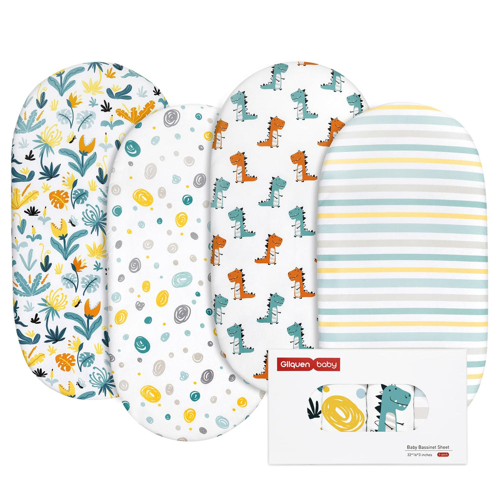 Gllquen Baby bassinet sheets four-pack packaging highlights convenience and floral design.
