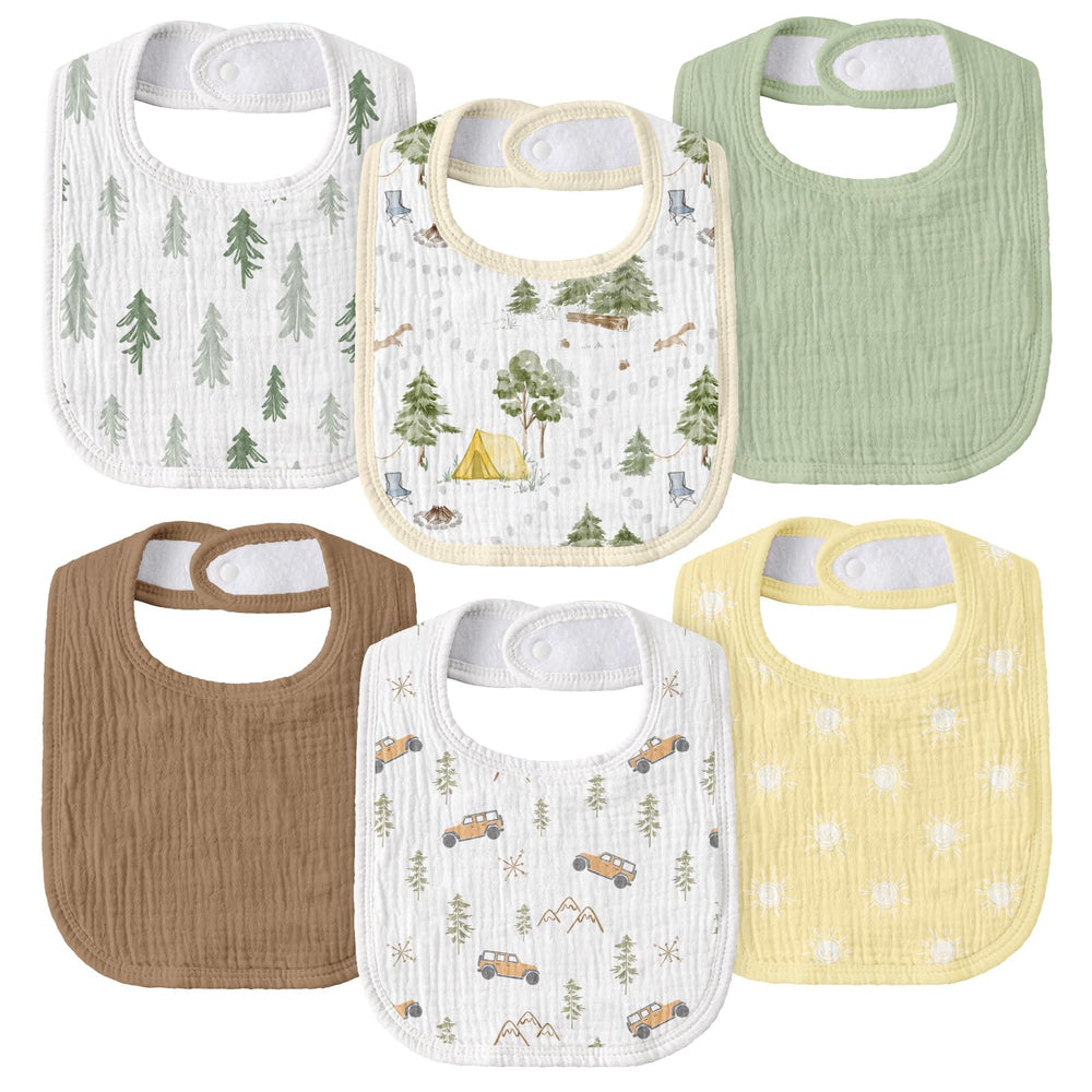 GLLQUEN BABY muslin drool bib pack with cross-country adventure print for drool protection.
