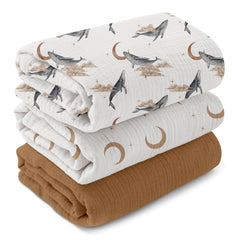 GLLQUEN BABY muslin swaddle blanket 3-pack flatlay shows soft breathable cotton for newborns.
