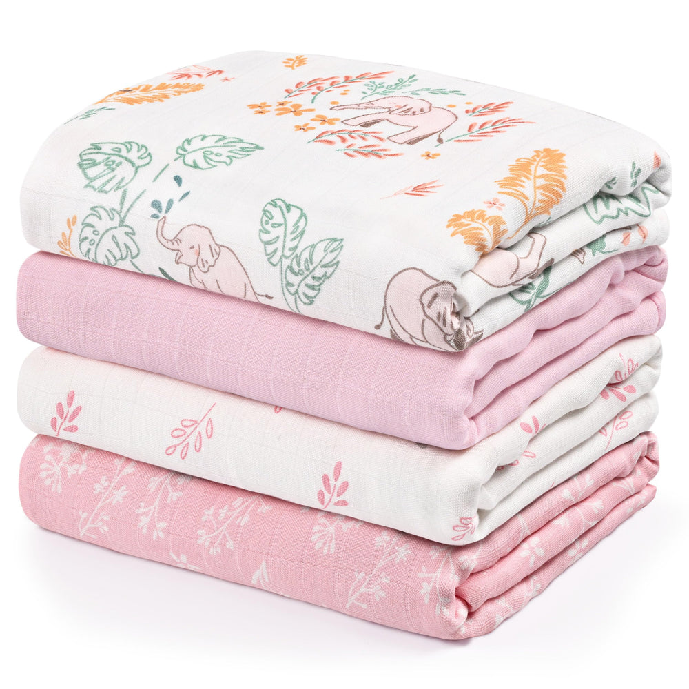 GLLQUEN BABY muslin swaddle pink elephant pack closeup highlights soft breathable fabric