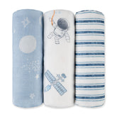 GLLQUEN BABY receiving blanket blue astronaut folded, breathable muslin ideal for safe swaddling.