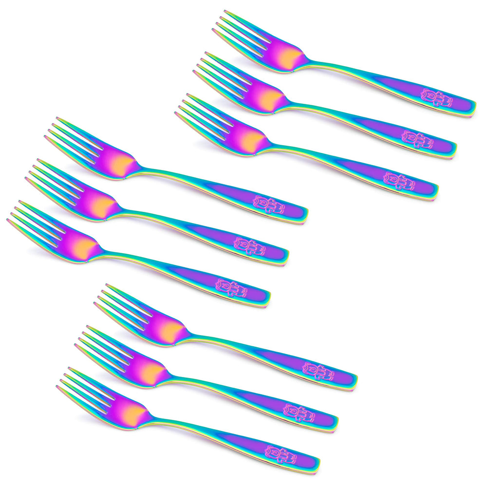 GlossyEnd Rainbow Kids Forks set shown in rainbow colors for kid-friendly meals