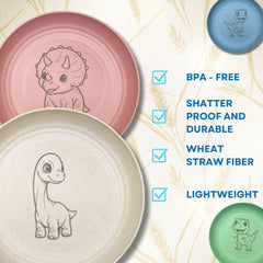 G'nes engraved dino plate closeup shows playful texture for tactile mealtime fun.