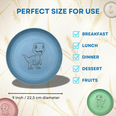 G'nes plate set in colorful dinosaurs, engaging design to encourage kids to eat.