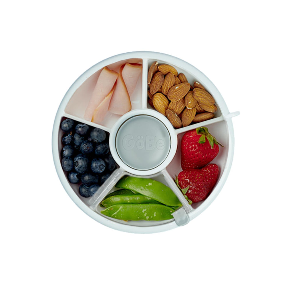 GoBe Kids snack spinner grey front view shows five compartments for easy, varied snacks.