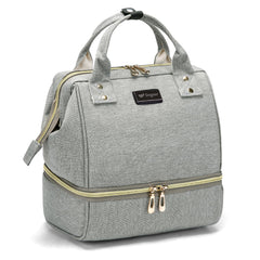 GOGOSO breast pump bag grey exterior with stylish on-the-go design and organized pockets.
