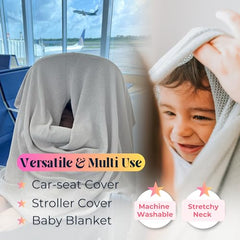 Gold Mamas nursing cover car-seat canopy providing privacy while baby yawns
