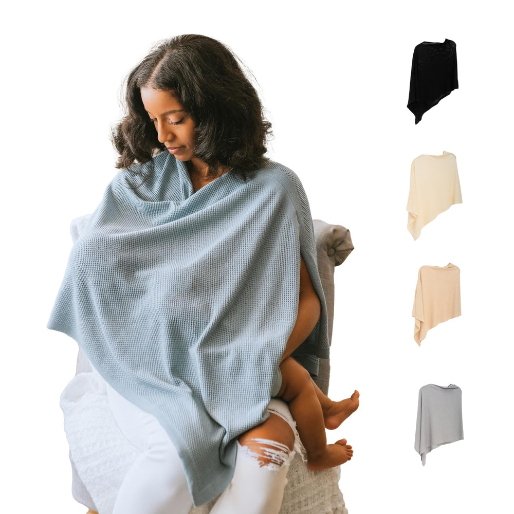 Gold Mamas Ponchy breathable nursing cover blue front view for discreet breastfeeding