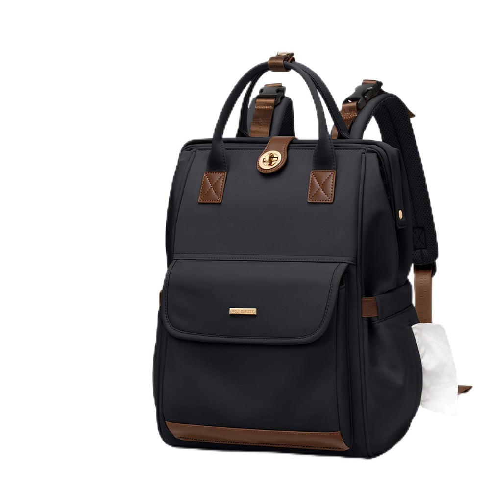 GOLF QUALITY diaper bag backpack front view with roomy compartments for baby essentials.