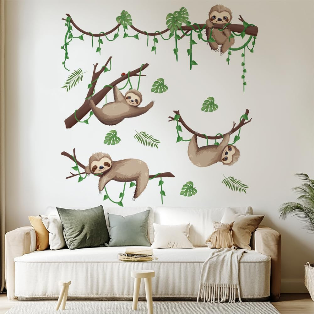 GOMAKERER sloth wall stickers on a branch scene brighten nursery decor.