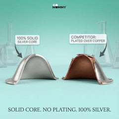 GoMommy silver nipple shields in-bra use demonstrates secure fit with no digging.